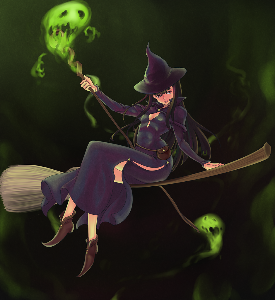 1girl, alba, arm_support, bangs, belt, belt_pouch, berserk, black_hair, breasts, broom, broom_riding, brown_shoes, capelet, cleavage, crossed_legs, dark_background, dress, full_body, hat, holding, holding_staff, long_hair, long_sleeves, looking_away, looking_to_the_side, morda, no_socks, open_mouth, pink_eyes, pointy_shoes, pouch, purple_dress, purple_hat, riding, shoes, side_slit, sidesaddle, sitting, small_breasts, smile, solo, spirit, staff, witch, witch_hat
