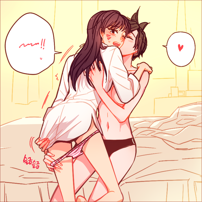 2girls, bare_shoulders, bed, bed_sheet, black_panties, blush, breasts, brown_eyes