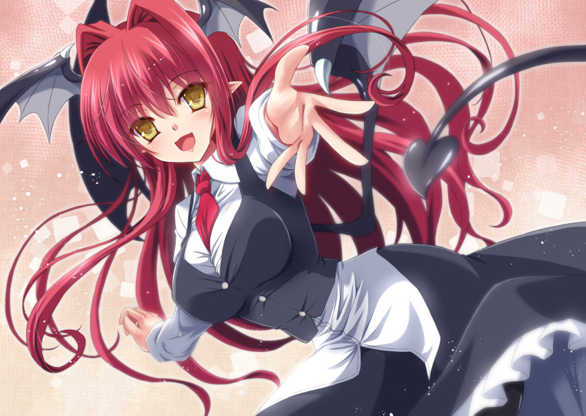1girl, :d, bat_wings, beckoning, between_breasts, black_legwear, black_vest, blurry, blush, breasts, buttons, collared_shirt, cowboy_shot, demon_girl, demon_tail, depth_of_field, dress_shirt, frilled_skirt, frills, hair_intakes, head_wings, koakuma, large_breasts, ld, light_particles, long_hair, long_skirt, long_sleeves, looking_at_viewer, multiple_wings, necktie, necktie_between_breasts, open_mouth, outstretched_arms, pantyhose, pointy_ears, red_necktie, redhead, shirt, skirt, skirt_set, smile, solo, square, succubus, tail, touhou, vest, wings, yamu_(reverse_noise), yellow_eyes