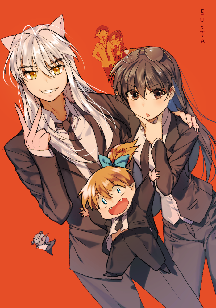 2girls, 4boys, animal_ears, black_hair, blue_eyes, brown_hair, dog_ears, formal