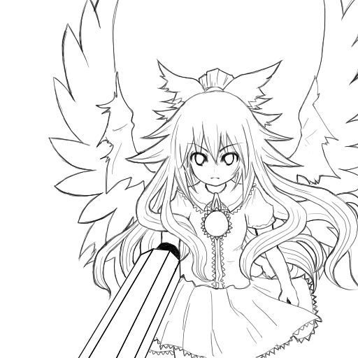hair_bow, long_hair, monochrome, moto_jukensei, reiuji_utsuho, touhou, wings
