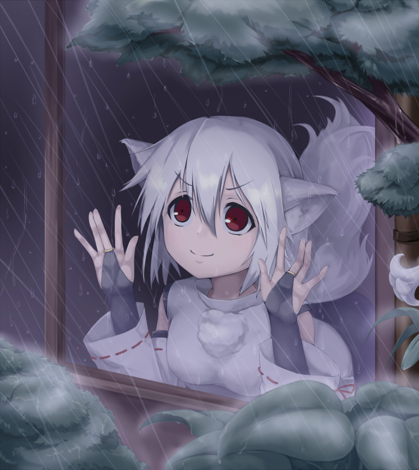 >:), 1girl, \||/, against_glass, animal_ears, black_gloves, detached_sleeves, fingerless_gloves