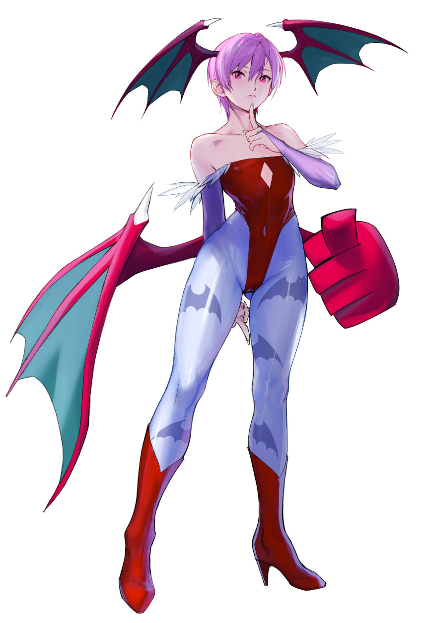 1girl, absurdres, arm_behind_back, bare_shoulders, bat_print, bat_wings, boots, bridal_gauntlets