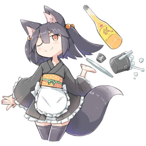 >;), 1girl, animal_ears, black_hair, black_legwear, blush, brown_eyes, bucket