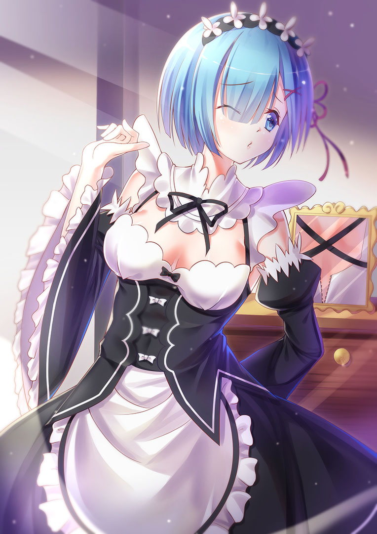 1girl, ;o, ame_wa_a_ga_tsutano?, apron, back, blue_eyes, blue_hair, detached_sleeves