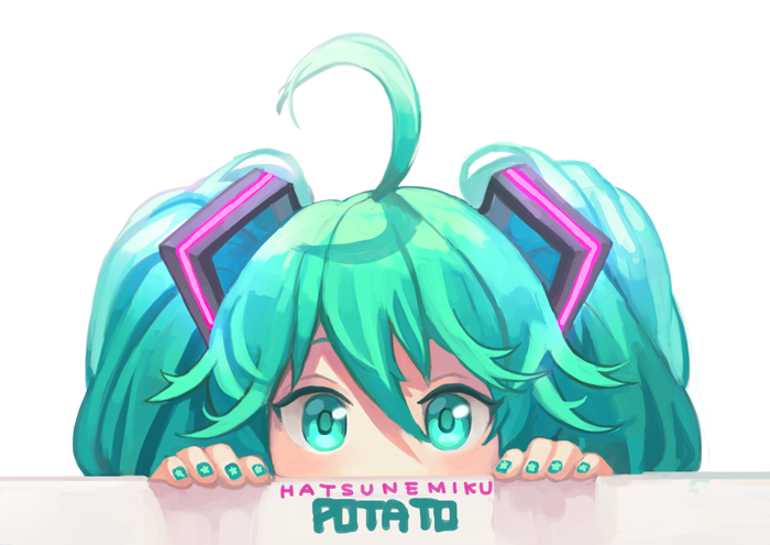 1girl, ahoge, aqua_eyes, aqua_hair, aqua_nails, artist_name, blush, character_name