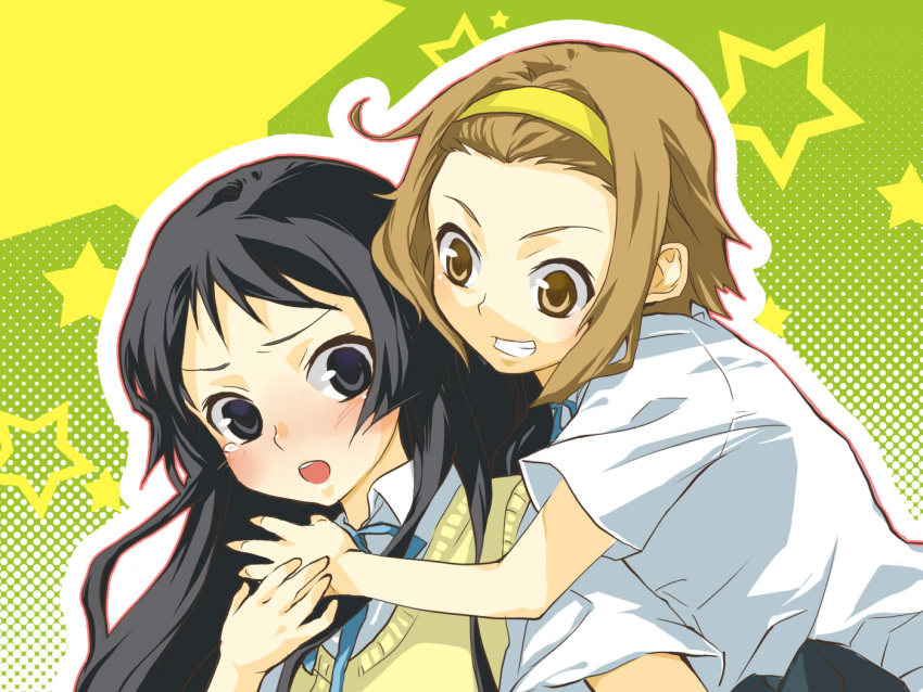 akiyama_mio, black_eyes, black_hair, blush, brown_eyes, brown_hair, folala, grin