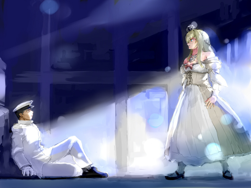 1boy, 1girl, admiral_(kantai_collection), are_you_my_master, bare_shoulders, black_shoes, blonde_hair, blue_eyes, braid, breasts, brown_hair, cleavage, commentary, corset, crown, dark, dress, fate/stay_night, fate_(series), french_braid, gloves, hat, highres, indoors, jewelry, kantai_collection, kuriyama5422, light_rays, long_hair, long_sleeves, looking_at_another, looking_down, looking_up, military, military_uniform, mini_crown, necklace, off-shoulder_dress, off_shoulder, pants, parody, profile, shoes, sidelocks, standing, uniform, warspite_(kantai_collection), white_dress, white_gloves, white_legwear, white_pants