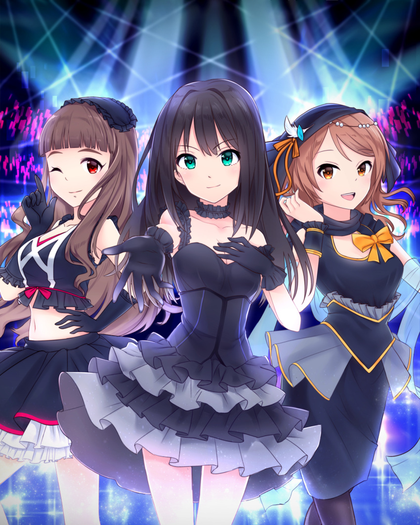 3girls, black_gothic_dress_(idolmaster), black_hair, bow, brown_hair, dress, fox37, gloves
