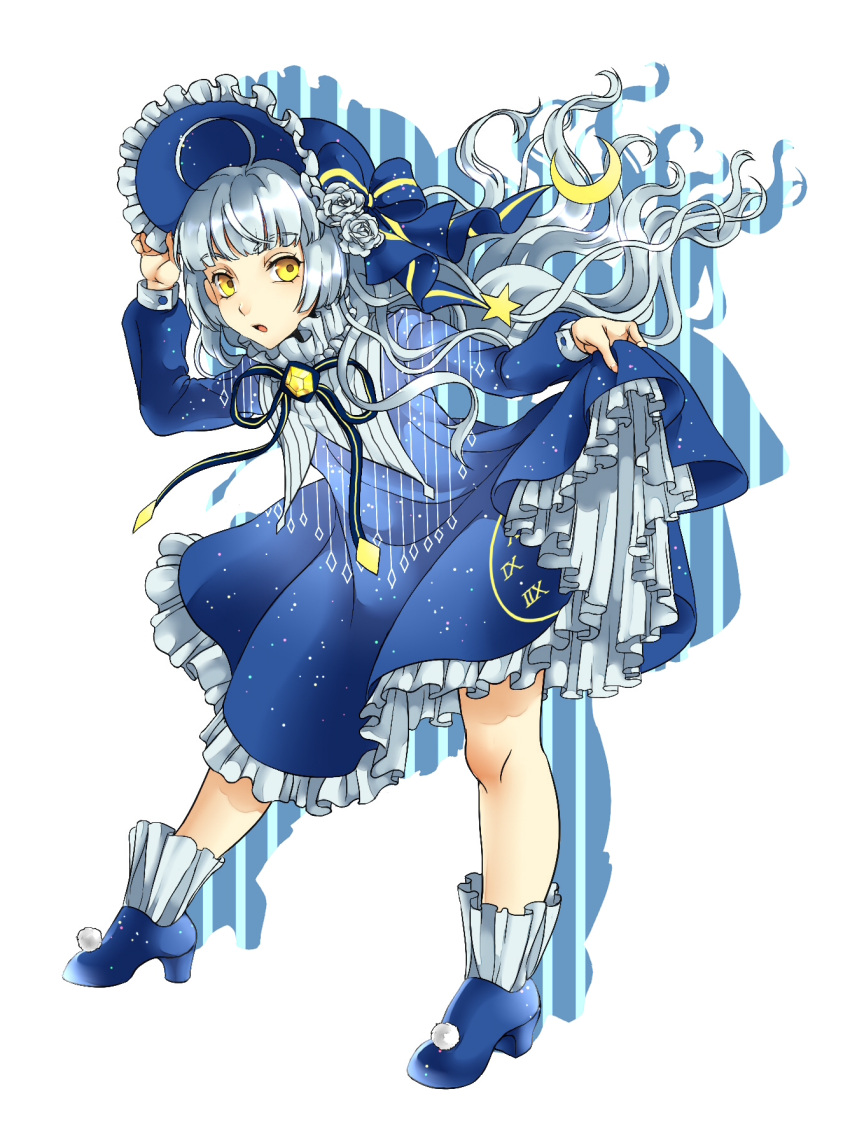 1girl, blue, hat, high_heels, highres, holding, holding_hat, open_mouth