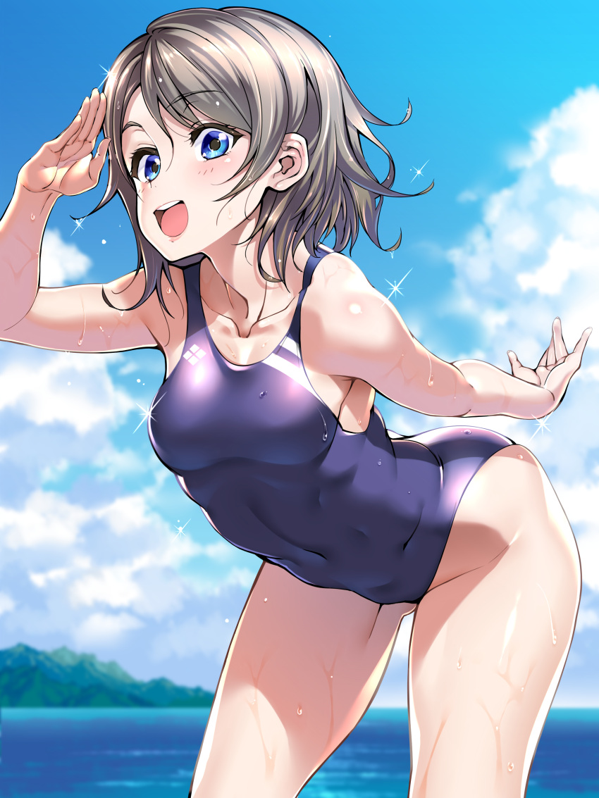 1girl, :d, absurdres, ass, bad_proportions, blue_eyes, blue_sky, breasts