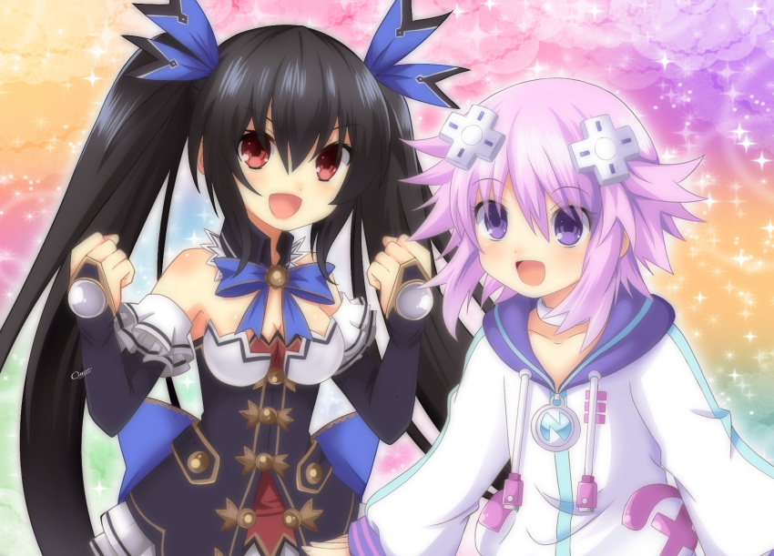 2girls, bare_shoulders, black_hair, blush, breasts, caro-xy, cleavage, d-pad