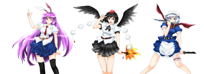 bad_id, black_hair, black_wings, blue_eyes, braid, bunny_ears, fan, hairband
