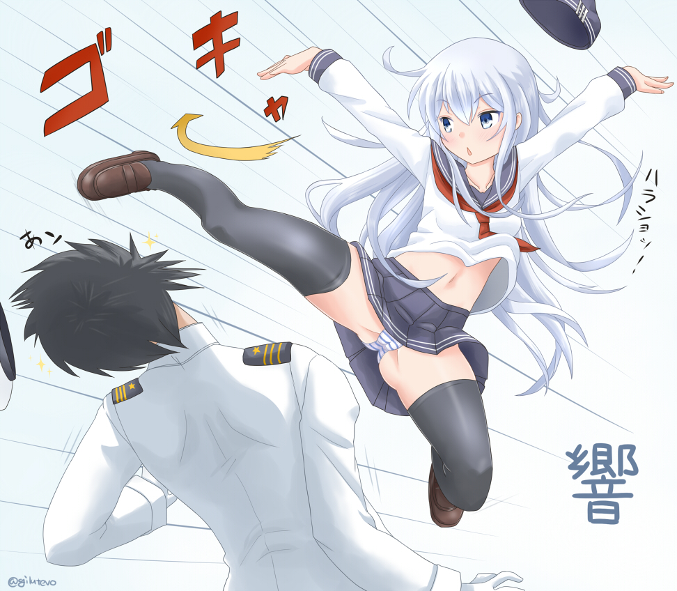 1boy, 1girl, admiral_(kantai_collection), arms_up, black_legwear, blue_eyes, flying_kick, hat