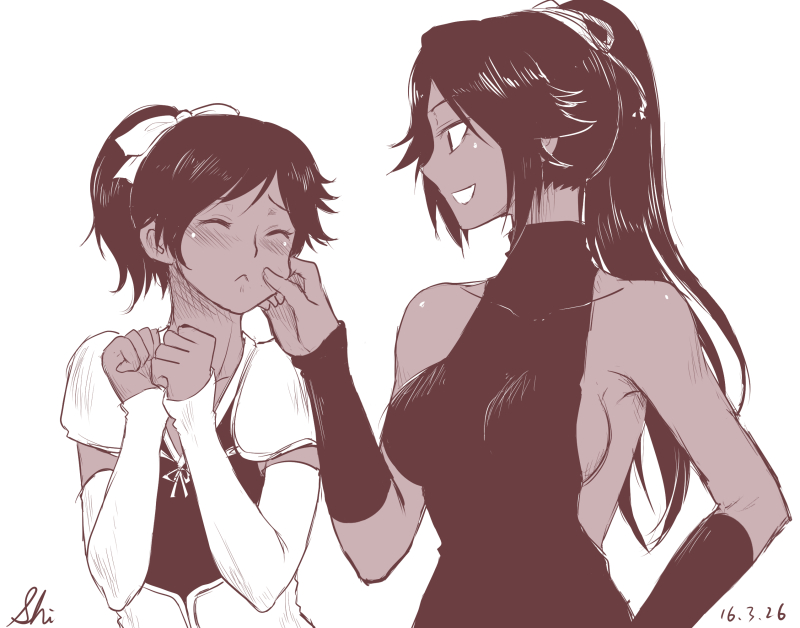 1boy, 1girl, :<, bleach, blush, breasts, brother_and_sister, cheek_pinching