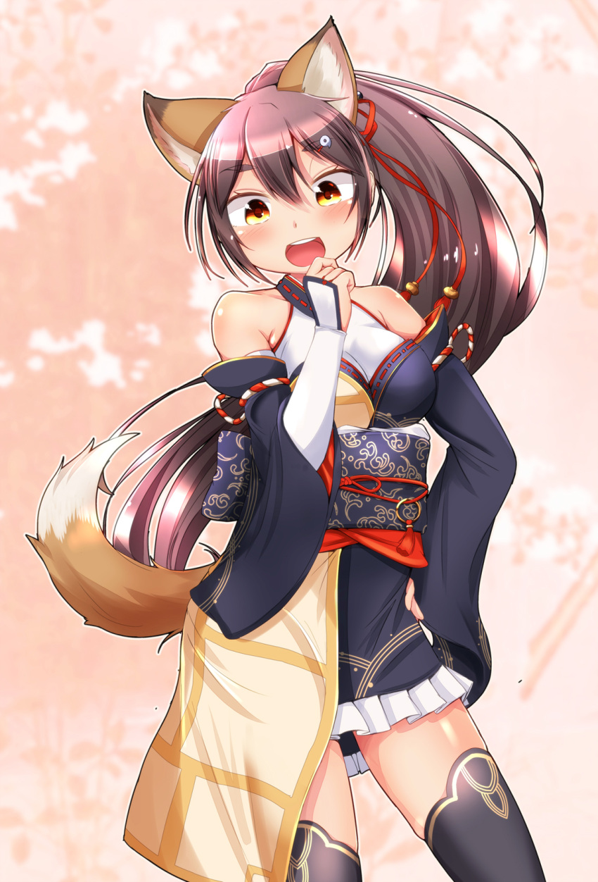 1girl, :d, a_(show_by_rock!!), animal_ears, bare_shoulders, black_legwear, blurry, blush