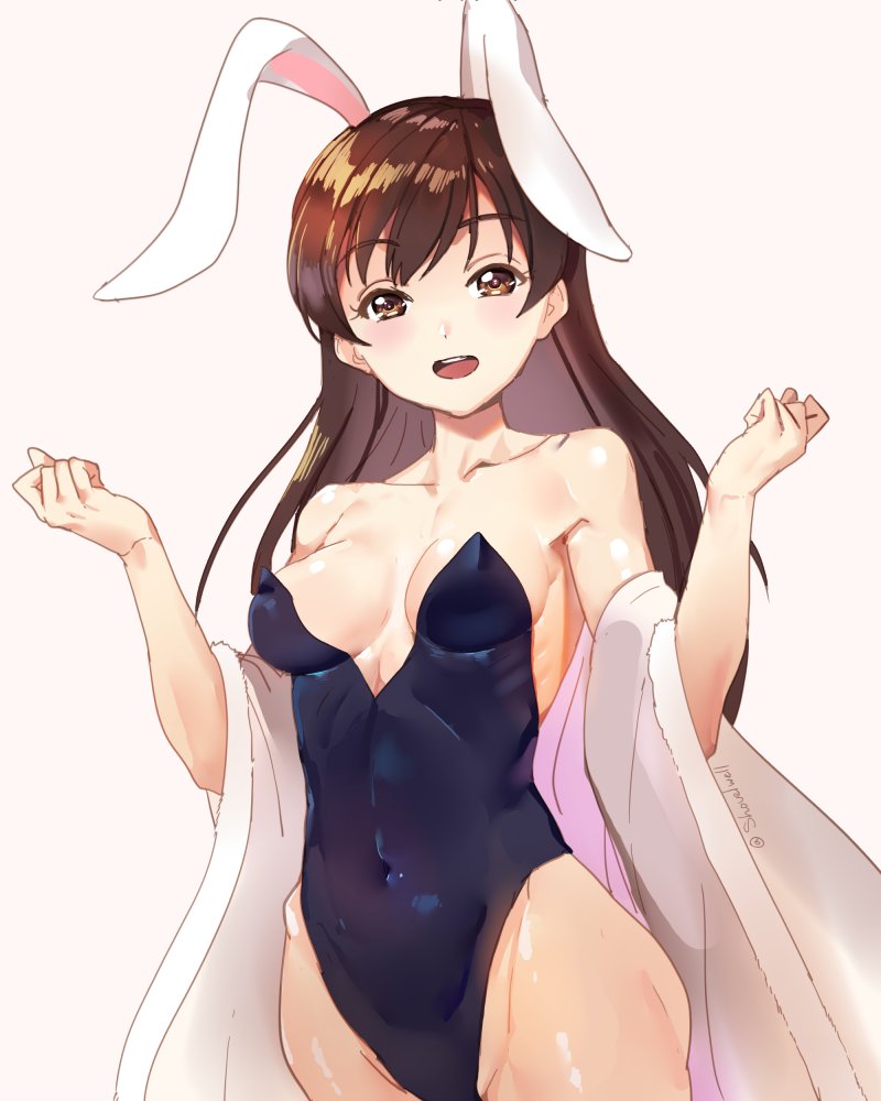 1girl, :d, animal_ears, bangs, bare_shoulders, black_leotard, breasts, brown_eyes