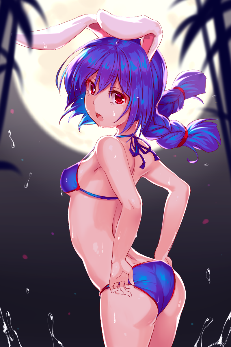 1girl, adapted_costume, adjusting_clothes, adjusting_panties, animal_ears, arched_back, armpits, ass, backlighting, bamboo, bare_arms, bare_shoulders, bikini, blue_bikini, blue_hair, blurry, blush, breasts, covered_nipples, cowboy_shot, depth_of_field, from_side, full_moon, hair_ribbon, halter_top, halterneck, highres, looking_at_viewer, looking_to_the_side, low_twintails, masa07240, moon, open_mouth, panties, rabbit_ears, red_eyes, red_ribbon, ribbon, seiran_(touhou), small_breasts, solo, sweat, swimsuit, touhou, tress_ribbon, twintails, underwear, wet