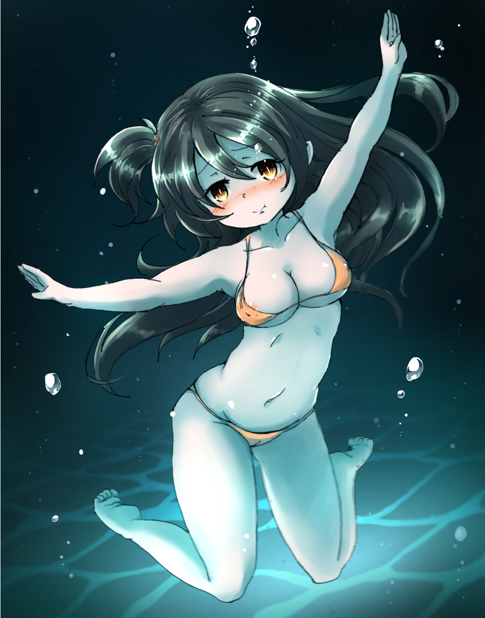 1girl, air_bubble, barefoot, bikini, black_hair, blush, breath, bubble