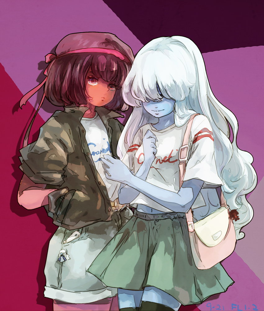 2girls, bag, blue_skin, casual, clothes_writing, denim, denim_shorts, flafly, hair_over_eyes, handbag, hands_in_pockets, headband, long_hair, looking_at_viewer, midriff, multiple_girls, navel, red_eyes, red_skin, redhead, ruby_(steven_universe), sapphire_(steven_universe), shorts, silver_hair, single_eye, skirt, steven_universe, thigh-highs, very_long_hair, zettai_ryouiki
