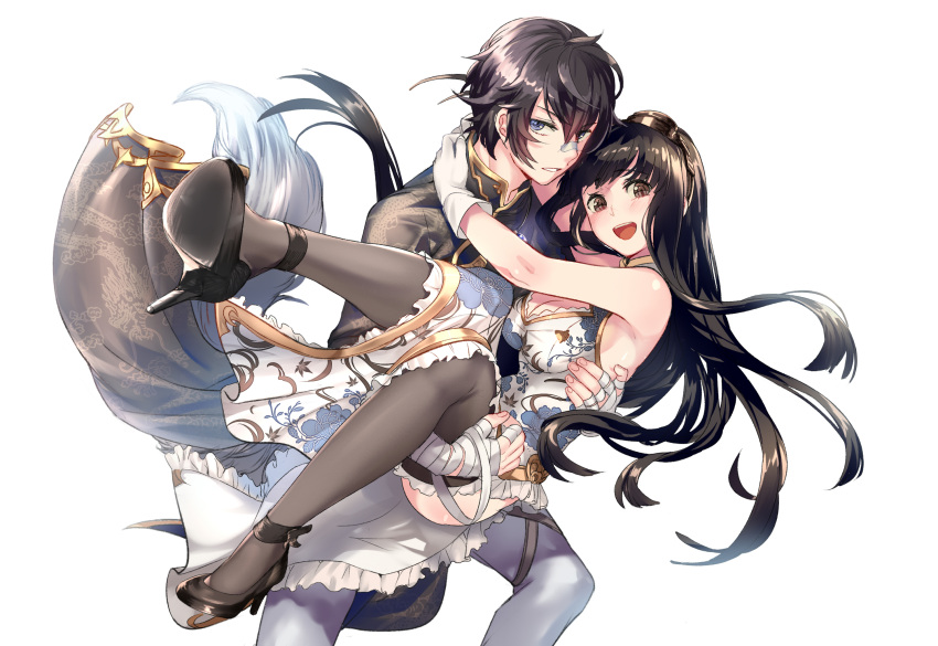 1boy, 1girl, :d, aki663, arms_around_neck, ayer, bandaged_hands, bandages
