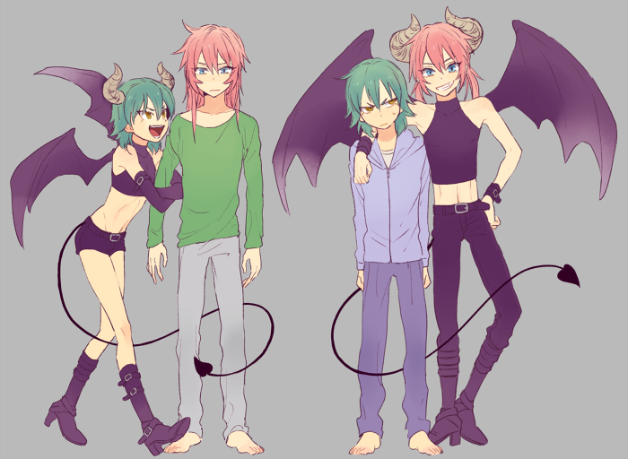 2boys, aqua_hair, barefoot, boots, crop_top, demon_tail, demon_wings, full_body