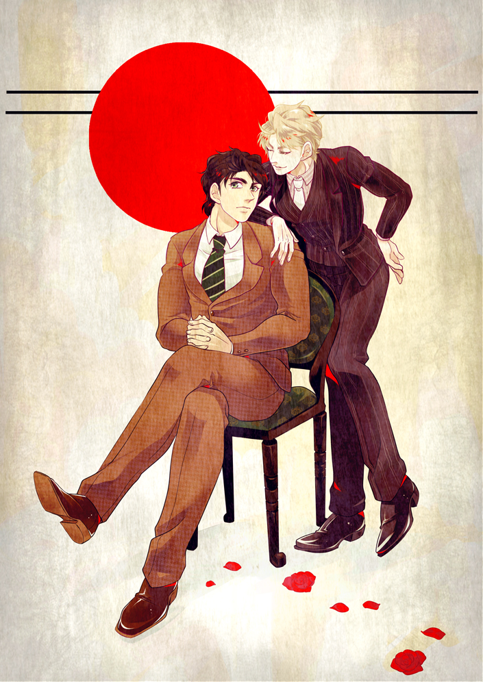 2boys, blonde_hair, brown_hair, chair, chico0619, crossed_legs, dio_brando, formal, green_eyes, hand_on_hip, hands_clasped, jojo_no_kimyou_na_bouken, jonathan_joestar, male_focus, multiple_boys, necktie, parody, sitting, style_parody, suit, the_saturday_evening_post, vest