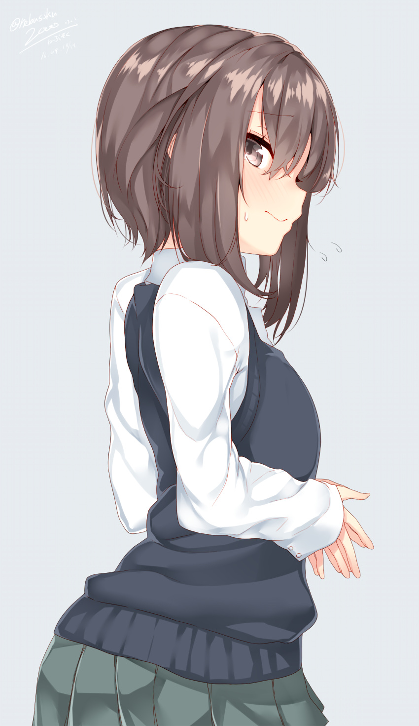 1girl, absurdres, breasts, brown_eyes, brown_hair, commentary_request, fingers_together, from_side