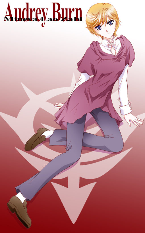 audrey_burn, blue_eyes, gundam, gundam_unicorn, loafers, mineva_lao_zabi, orange_hair, pants