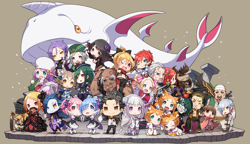 6+boys, 6+girls, aldebaran_(re:zero), anastasia_hoshin, beatrice_(re:zero), black_hair, blonde_hair, blue_hair, brown_hair, chibi, chin_(re:zero), crusch_karsten, elsa_granhilte, emilia_(re:zero), everyone, felix_argyle, felt_(re:zero), green_hair, hakugei_(re:zero), heitarou_pearlbaton, helmet, highres, julius_juukulius, kadomon_risch, kan_(re:zero), knife, lasa_(lasa1116), mimi_pearlbaton, multiple_boys, multiple_girls, natsuki_subaru, otto_suewen, pack_(re:zero), patrasche_(re:zero), petelgeuse_romaneeconti, petra_leyte, priscilla_barielle, purple_hair, ram_(re:zero), re:zero_kara_hajimeru_isekai_seikatsu, redhead, reinhard_van_astrea, rem_(re:zero), ricardo_welkin, rom_(re:zero), roswaal_l._mathers, silver_hair, sword, theresia_van_astrea, tibi_pearlbaton, ton_(re:zero), weapon, whale, wilhelm_(re:zero)