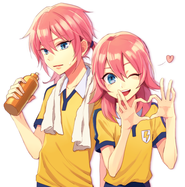 2boys, androgynous, blue_eyes, bottle, heart, heart_hands, inazuma_eleven_(series), inazuma_eleven_go