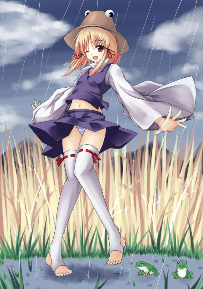 blonde_hair, eyes, feet, flat_chest, frog, hair_ribbon, hands, hat