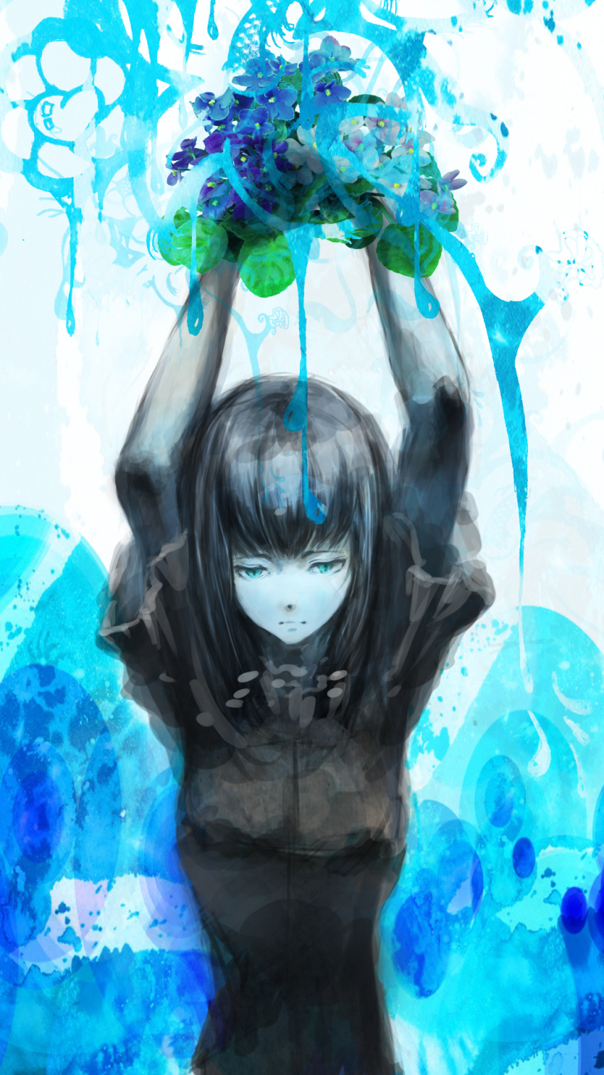1girl, abstract, arms_up, black_dress, black_hair, blue_eyes, dress, flower