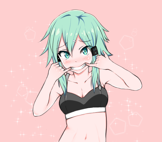 1girl, blush, bra, breasts, cleavage, finger_in_mouth, green_eyes, green_hair, making_faces, navel, pink_background, shinon_(sao), sket_(sket_z), solo, sword_art_online, teeth, underwear