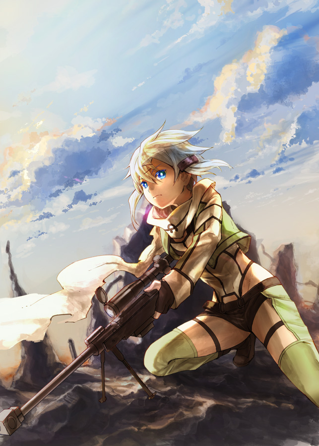 1girl, anti-materiel_rifle, bipod, blue_eyes, clouds, cropped_jacket, fingerless_gloves, gloves, green_hair, groin, gun, hips, kuro888orange, muzzle_brake, pgm_hecate_ii, rifle, rock, scarf, scope, shinon_(sao), sniper_rifle, solo, squatting, sword_art_online, thigh-highs, thigh_strap, weapon