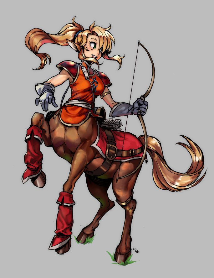 1girl, animal_ears, black_gloves, blonde_hair, bow_(weapon), breasts, centaur, collaboration