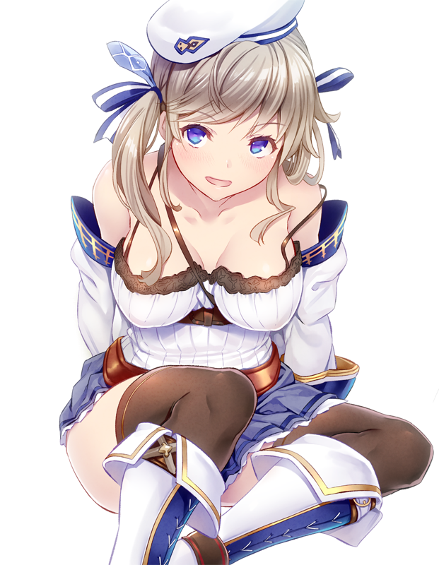 1girl, arms_behind_back, bangs, bare_shoulders, beret, black_legwear, blue_eyes, blue_skirt