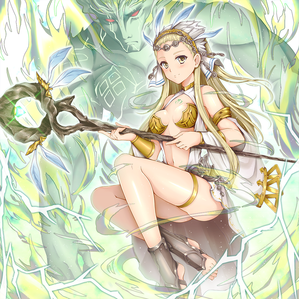 1girl, ass, bare_shoulders, blonde_hair, blush, bracer, breasts, center_opening, closed_mouth, detached_sleeves, dress, granblue_fantasy, headdress, holding, long_hair, long_sleeves, medium_breasts, navel, petra_(granblue_fantasy), smile, staff, taniwasu, tattoo, thigh_strap, toeless_legwear, white_dress, yellow_eyes