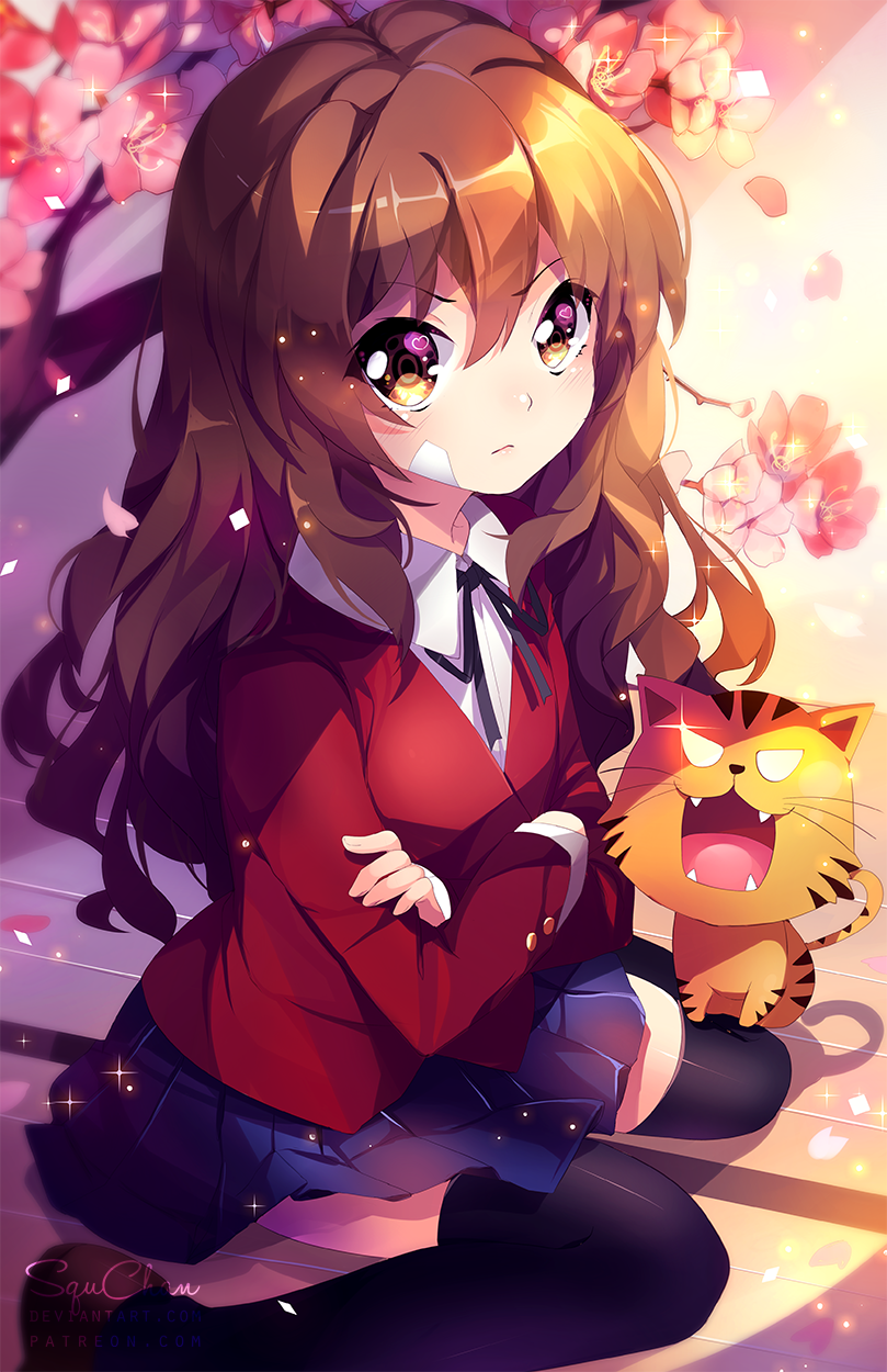 1girl, aisaka_taiga, animal, artist_name, bangs, black_legwear, black_ribbon, blazer