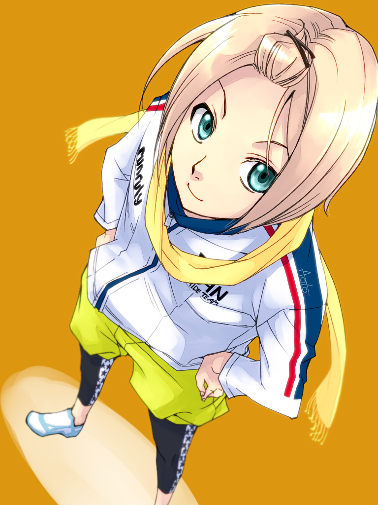1boy, artist_name, blonde_hair, blue_eyes, foreshortening, from_above, hair_ornament, hairclip