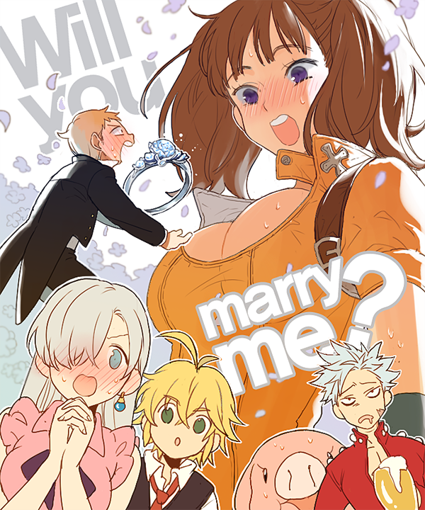 alcohol, ban_(nanatsu_no_taizai), beer, blonde_hair, blush, brown_hair, diane_(nanatsu_no_taizai), elizabeth_liones