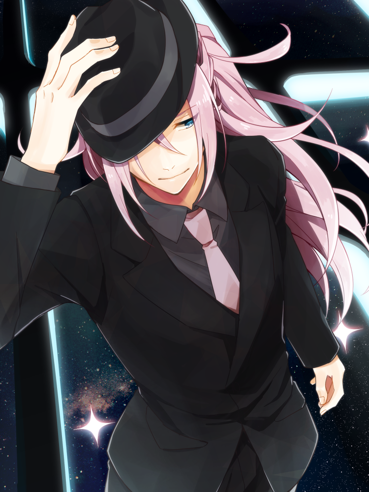 1boy, adjusting_clothes, adjusting_hat, black_hair, blue_eyes, formal, hat, long_hair, male_focus, mayuzumi_shizuma, mochikinnn, necktie, one_eye_covered, pink_necktie, ponytail, prince_of_stride, solo, standing, suit