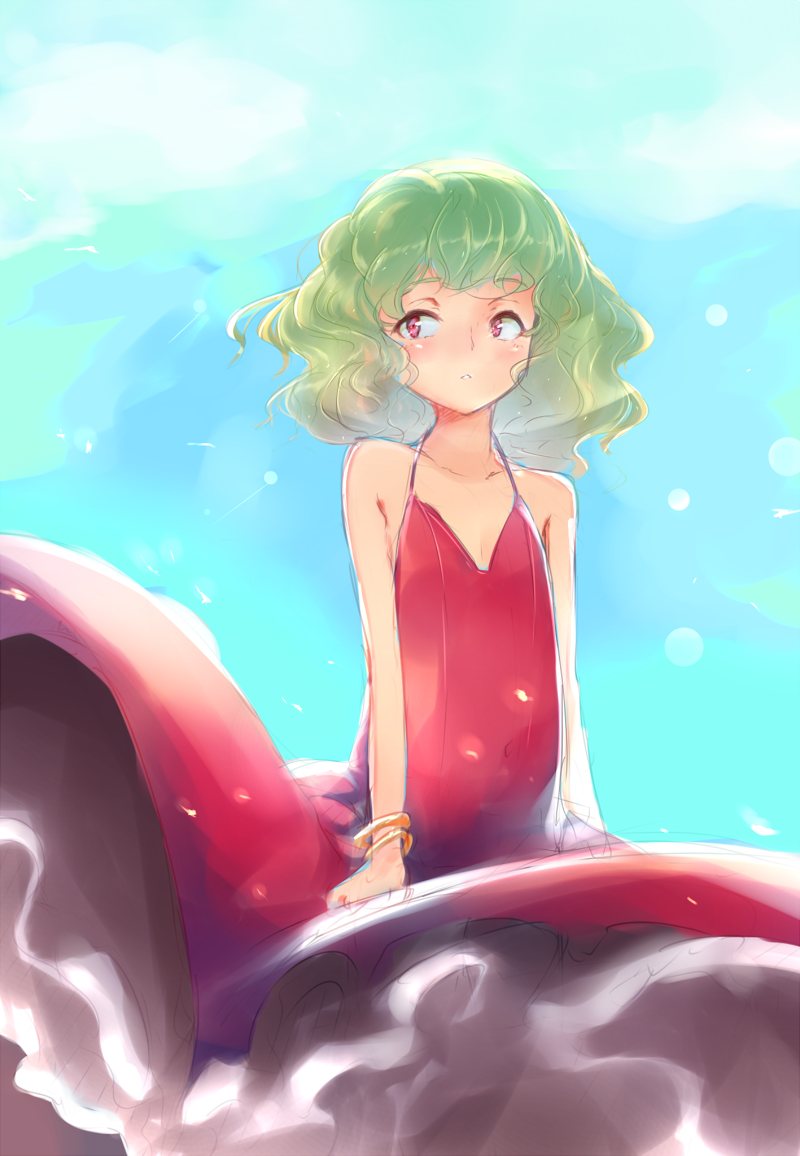 1girl, bare_shoulders, blush, covered_navel, dress, flan_(harry_mackenzie), flat_chest, green_hair