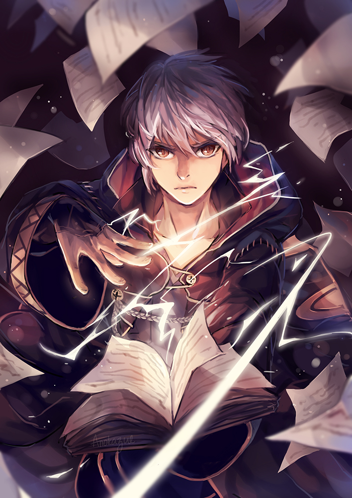 1boy, anokazue, artist_name, book, cloak, fire_emblem, fire_emblem:_kakusei, hood
