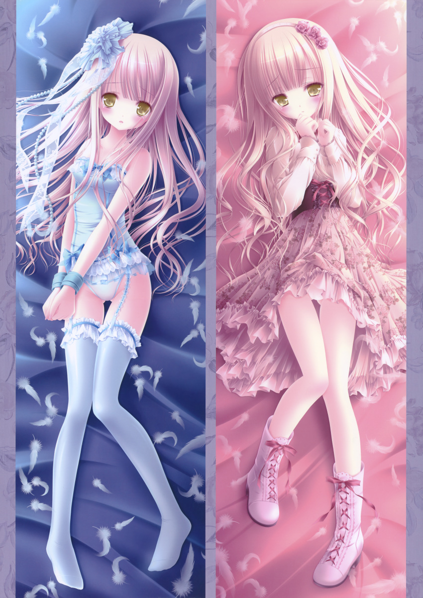 1girl, absurdres, bed_sheet, blue_feathers, blue_legwear, blue_ribbon, bound, bound_wrists