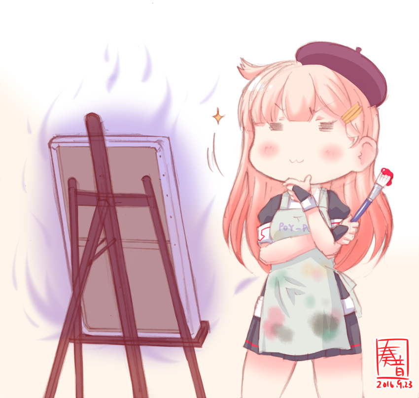 >:3, 1girl, :3, =_=, apron, artist_name, aura, beret