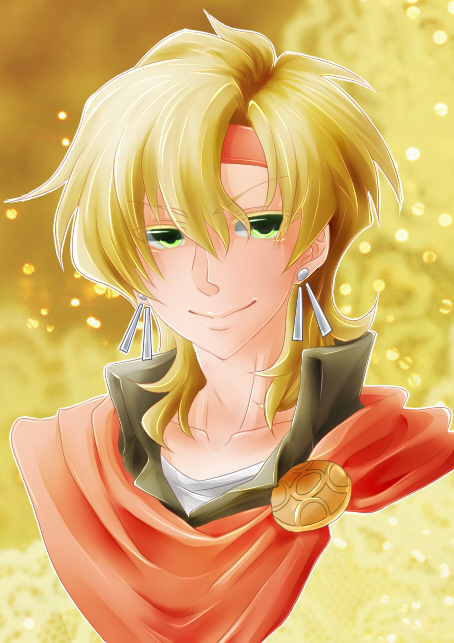 1boy, blonde_hair, cape, earrings, green_eyes, headband, istbal_(tear_ring_saga), jewelry