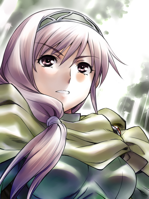 1girl, hairband, long_hair, low_ponytail, morita_kazuaki, pink_eyes, portrait, scarf, solo, sylvis_(tear_ring_saga), tear_ring_saga, teeth