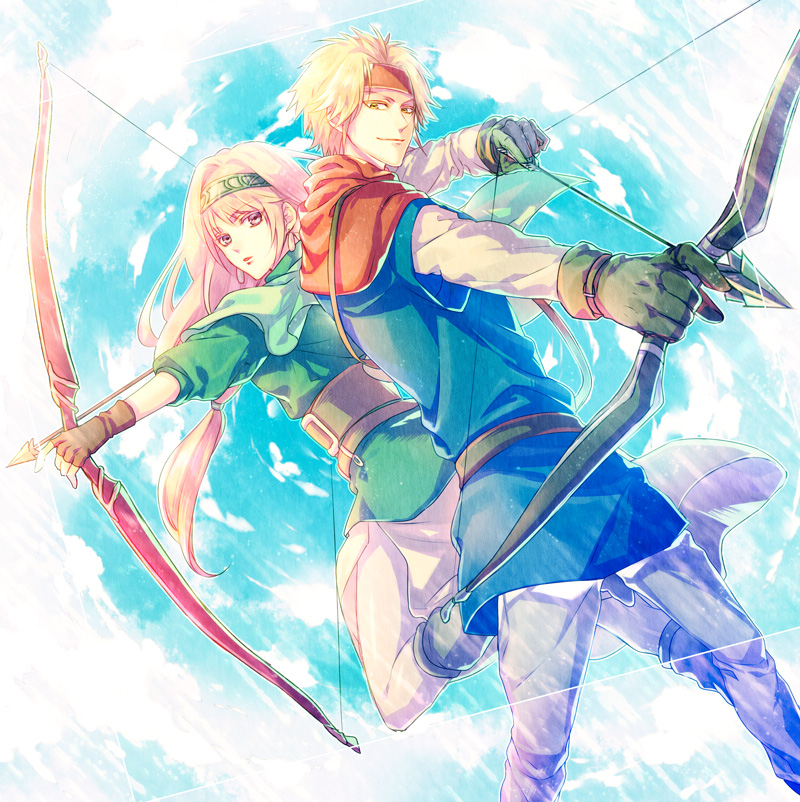 1boy, 1girl, arrow, belt, blonde_hair, boots, bow_(weapon), earrings