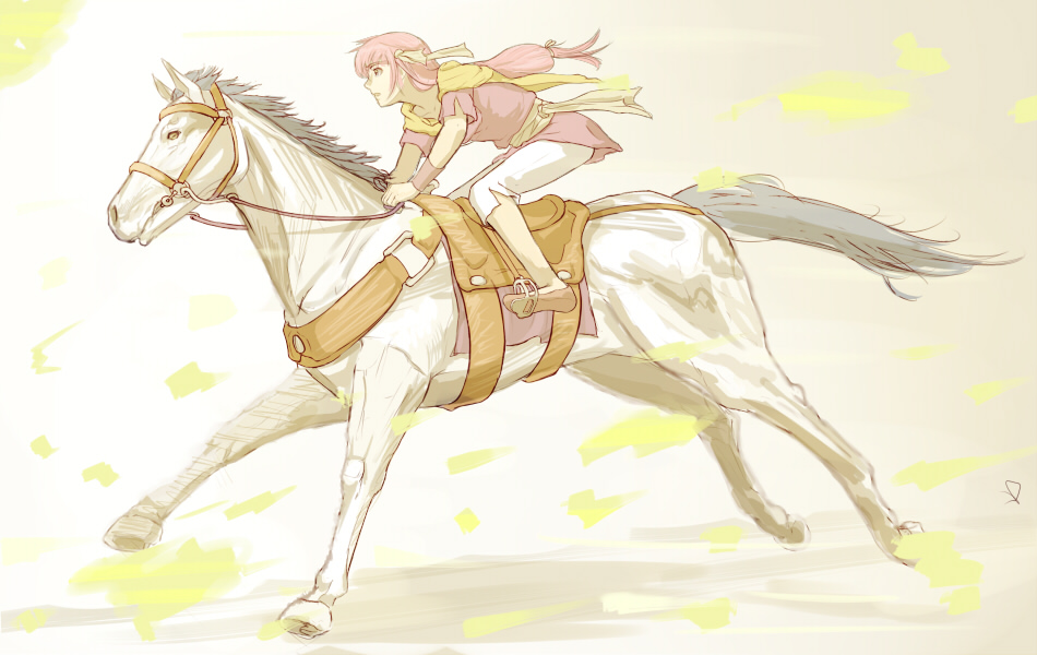 1girl, czene_(tear_ring_saga), headband, horse, long_hair, low_ponytail, nonji_(sayglo_halo), open_mouth, pink_hair, solo, tear_ring_saga